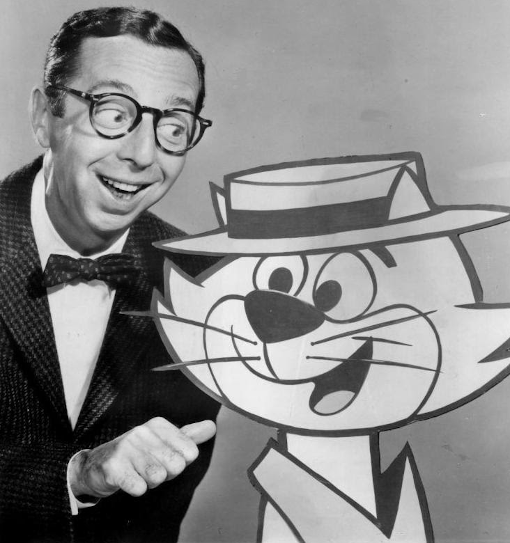A photo of Arnold Stang alongside a drawing of Top Cat, the cartoon character he is best known for voicing.