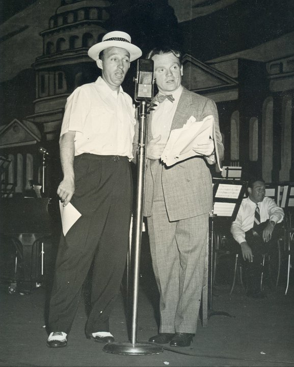 Photo of Bing Crosby and Jimmy Cagney performing Command Performance on stage August 30, 1942