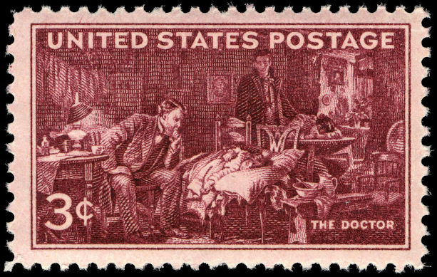 Photo of the 1947 U.S. three cent stamp commemorating the 100th anniversary of the founding of the American Medical Association. The stamp is an illustration showing a doctor deep in thought looking at a sick child in bed. The child's father is standing in the background with a concerned look on his face while the child's mother has buried her head in her arms and has hands clasped in prayer.