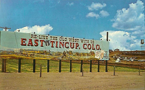 Postcard of sign at East Tincup theme park in Golden, Colorado