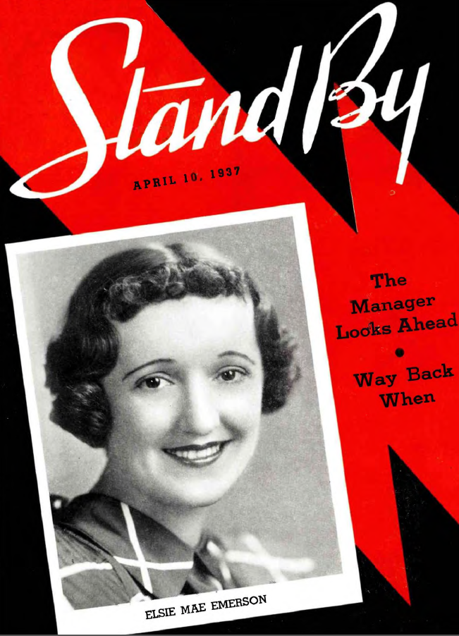 Photo of Elsie Mae Emerson on the cover of the April 10, 1947, issue of Stand By magazine. A head shot of the radio musician is featured. She's smiling and wearing a dark collared shirt with white stripes.