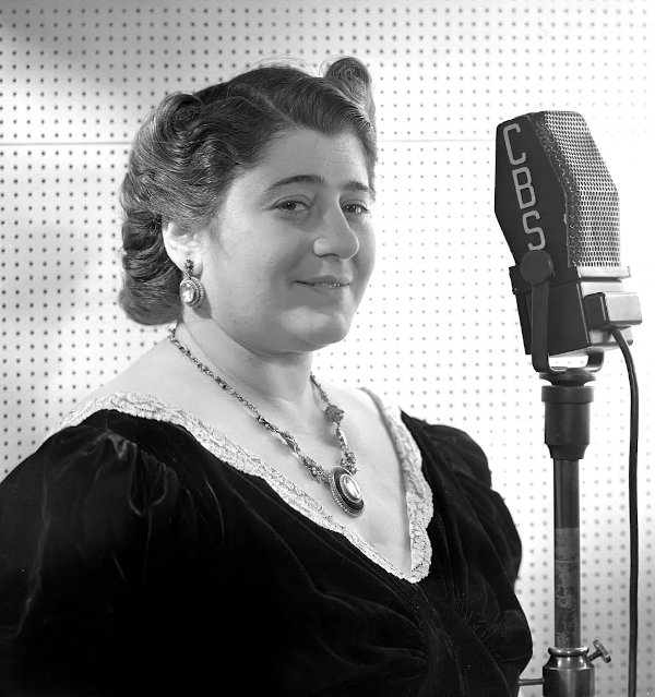 The Goldbergs radio show creator Gertrude Berg at a CBS radio microphone