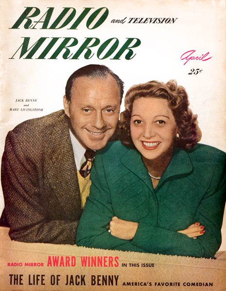 Jack Benny and Mary Livingstone smiling as they pose together on the cover of Radio and Television Mirror magazine