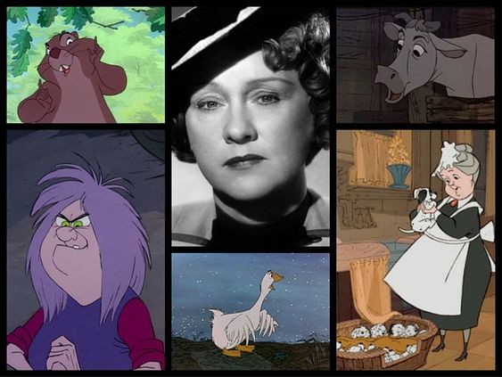 Photo of Martha Wentworth with characters she voiced for Disney animated films: Nanny, Queenie and Lucy in 101 Dalmatians and Madam Mim and Granny Squirrel in The Sword and the Stone