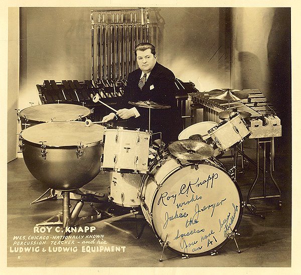 Photo of the old-time radio drummer and percussion teacher Roy C. Knapp playing the drums