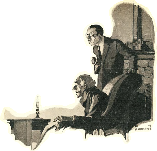 Illustration by W. Andrews for the short story Saving Uncle Marmaduke. A seated old man and a bespectacled younger man clenching his fist are looking at a table with a candle on it as a seance is performed.