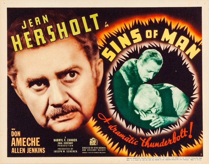 Movie poster for the 1936 movie Sins of Man starring Jean Hershotl, Don Ameche and Allen Jenkins