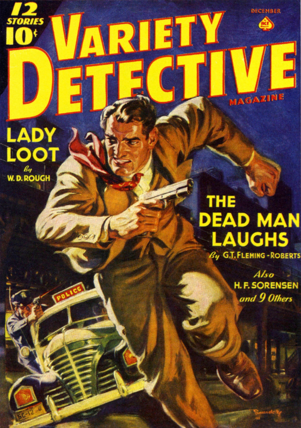 Cover of Variety Detective magazine for December 1939, showing a man in a suit holding a gun fleeing a police car as a cop fires a gun at him while leaning outside a window