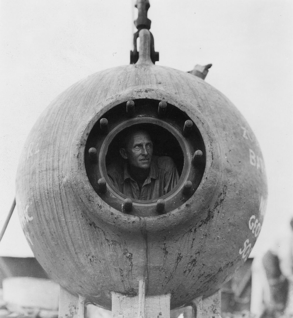 Photo of William Beebe in the Bathysphere underwater exploration vessel he used on an effort to broadcast to NBC networks in 1932 from 2,640 feet below the ocean surface