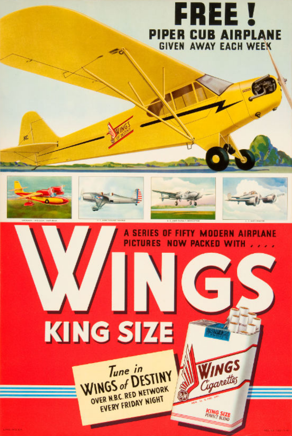 Magazine ad for the Wings of Destiny radio show promoting the weekly giveaway of a Piper Cub airplane to a listener
